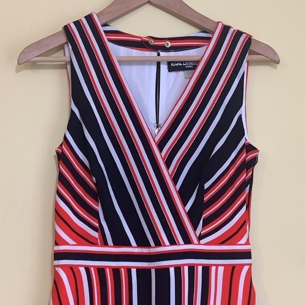 Karl Lagerfeld | Red White Blue Striped Sleeveless Handkerchief Hem Midi Dress 0 - Picture 4 of 17